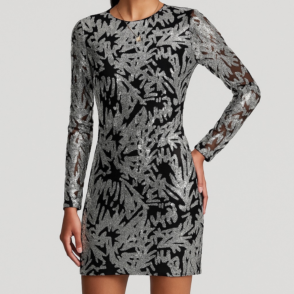 Aqua Black & Silver Sequin Long Sleeve Mini Dress – Bloomingdale’s 🆕🏷️